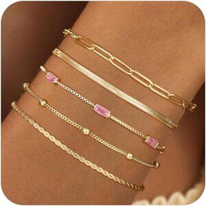 Birthstone Gold Bracelets for Women Water-Resistant 14K Gold Plated Dainty Stack